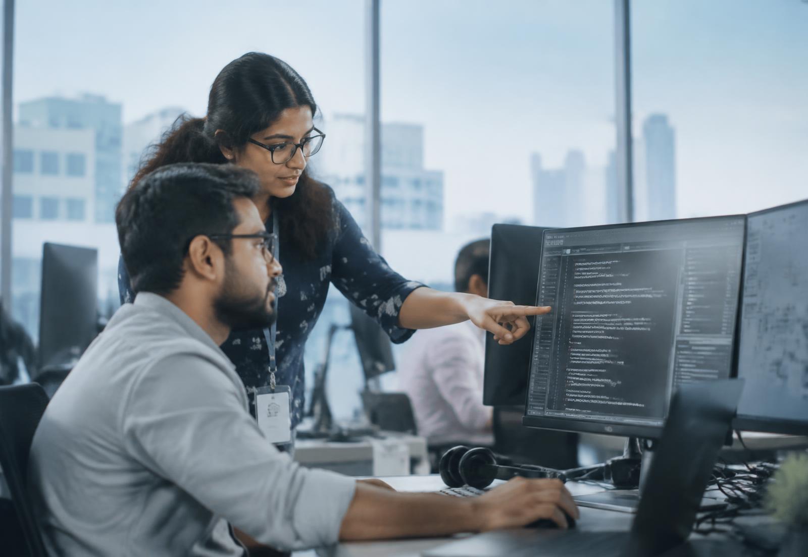 Indian software engineers reviewing code together